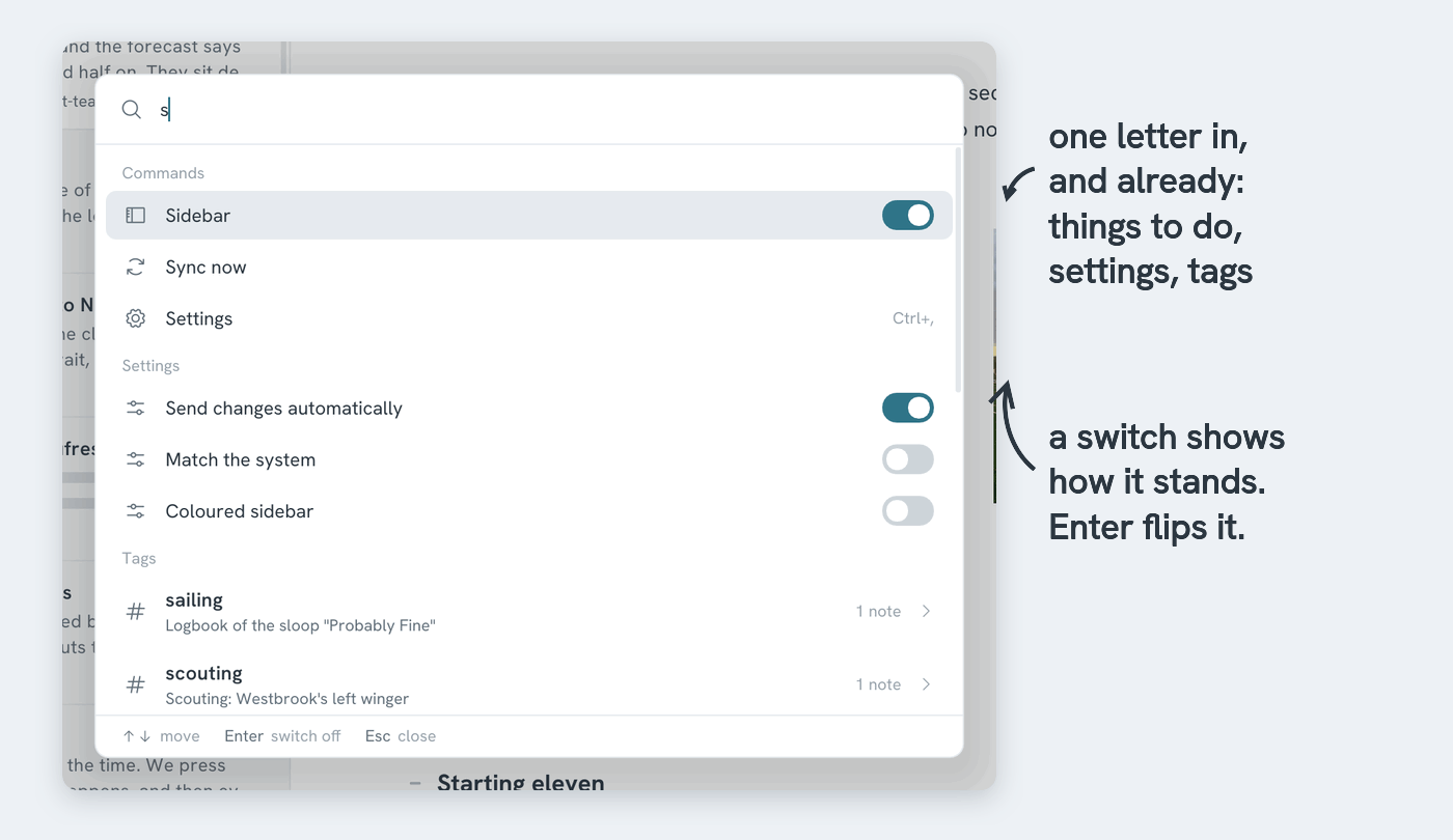 Commands, settings and tags, found by one letter