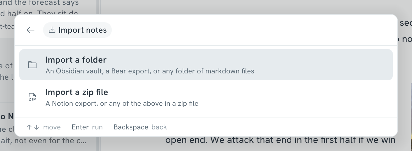 Ctrl+K inside Import notes: Import a folder and Import a zip file