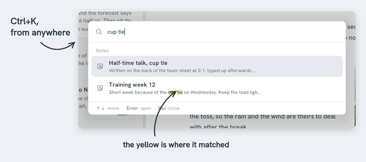 Search, open over a note