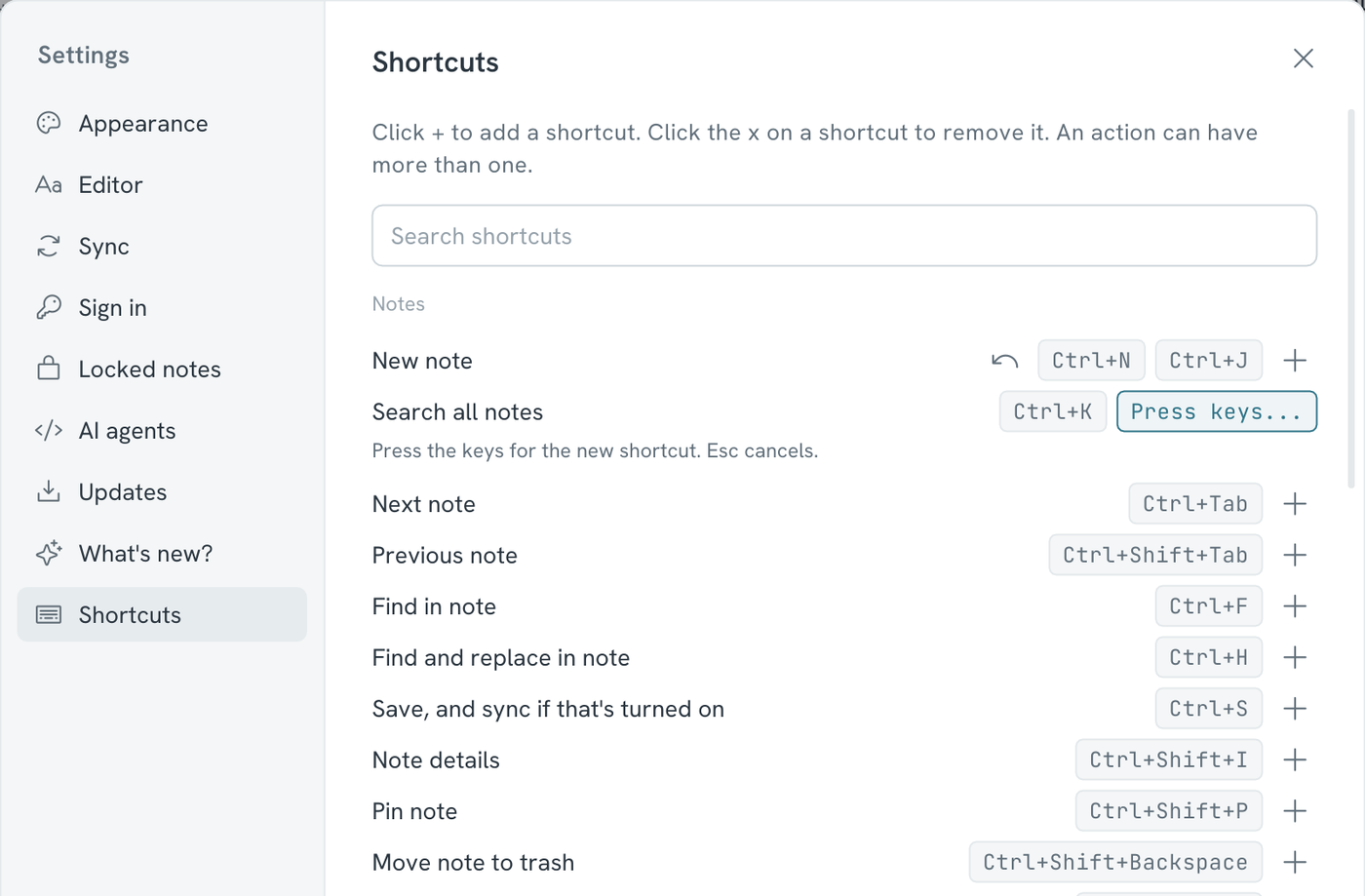 Settings, Shortcuts: New note with a second shortcut, and one being recorded for Search all notes