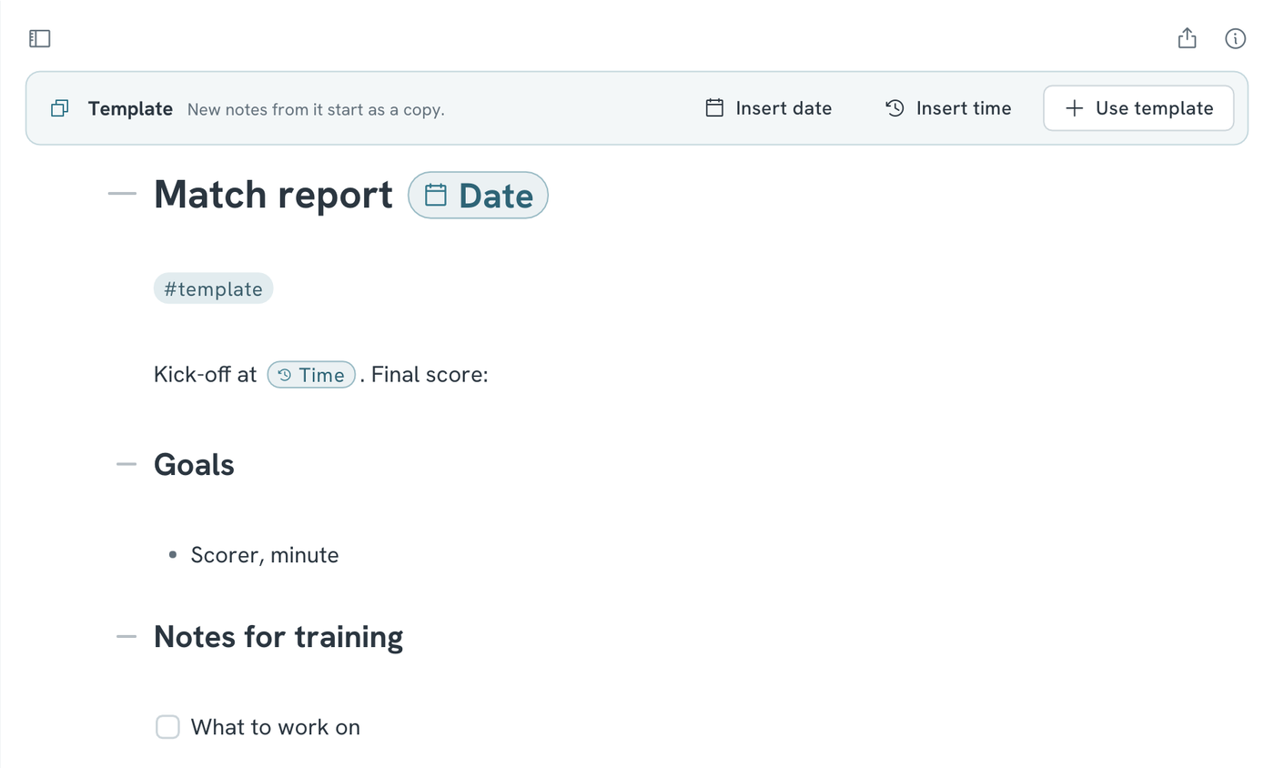 A template with its bar: Insert date, Insert time and Use template