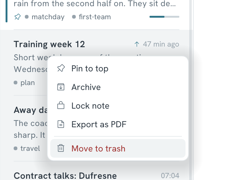 Right-click a note in the list: Pin to top, Archive, Lock note, Export as PDF and Move to trash