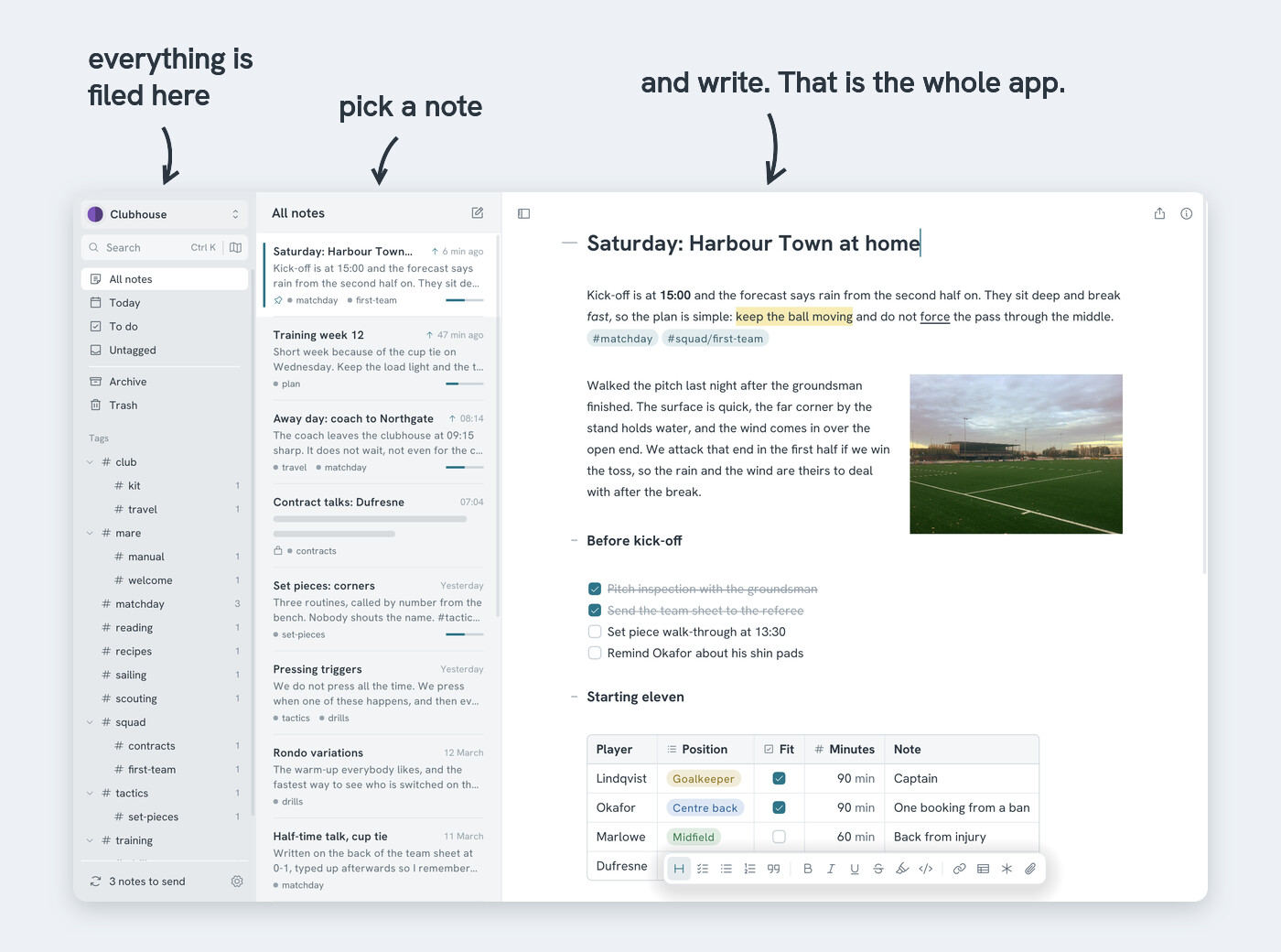 The Mare window: sidebar, note list and editor