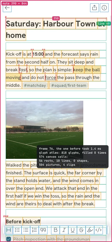 The same layout view on the phone layout, with a note filling the screen and outlines around its lines and words