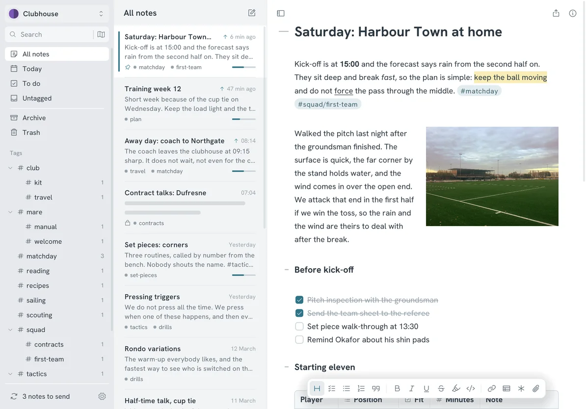 The same note on an iPad, with the note list beside it