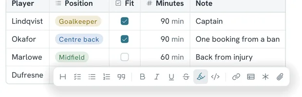 The formatting bar at the bottom of the page, under a table: headings, lists, quote, bold, italic, underline, strike, highlight, code, link, table, callout and attachment, with highlight switched on