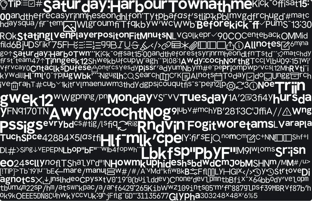 The glyph atlas: rows of white letters, digits and icons on black, in several sizes and weights, in the order they were first needed