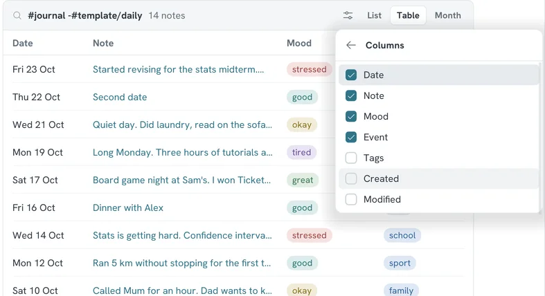 A table of October with Date, Note, Mood and Event columns, and its settings open on Columns: Date, Note, Mood and Event ticked, Tags, Created and Modified not