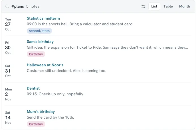 A note called Coming up with a notes block as a list: the statistics midterm on Tuesday 27 October, Sam's birthday on the 30th, Halloween at Noor's on the 31st, the dentist on 2 November and Mum's birthday on the 14th