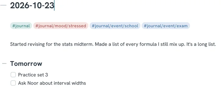 The note of 23 October: a few lines about revising for the stats midterm, and two todos under Tomorrow