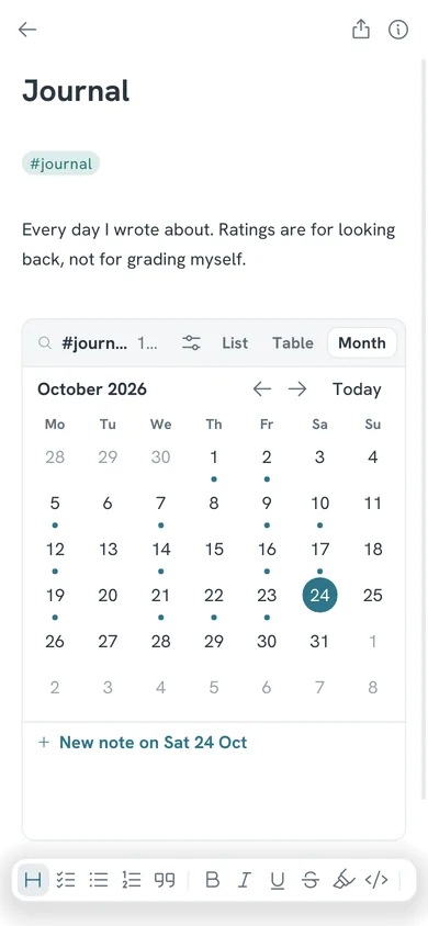 The Journal note on a phone: the month as a grid of days with a dot under each day that has an entry, and New note on Sat 24 Oct under it