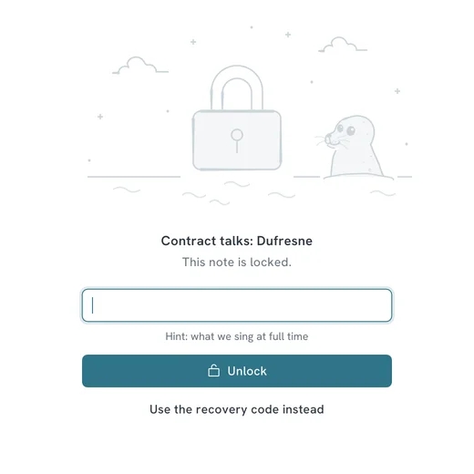 A locked note showing a padlock drawing, the note title, a password field with a hint and an Unlock button
