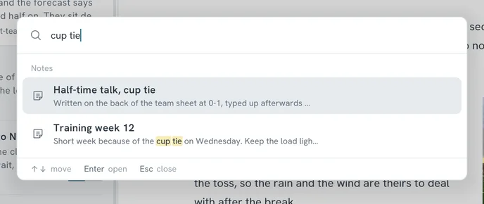 The search panel with the query cup tie and two matching notes