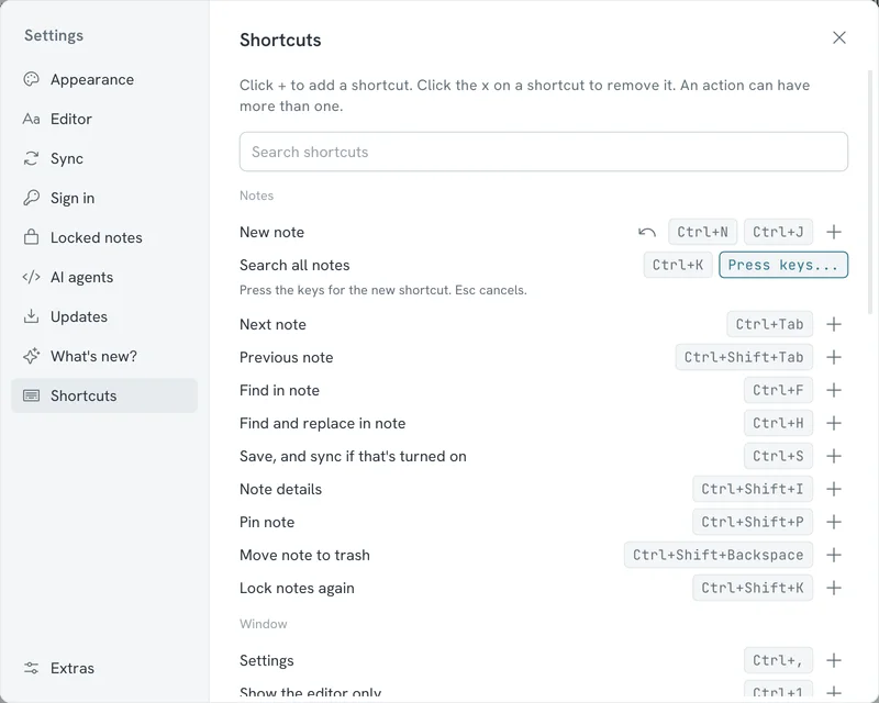 Settings, Shortcuts: each action with its keys and a plus button. New note has a second shortcut, Ctrl+J, and Search all notes is waiting for keys