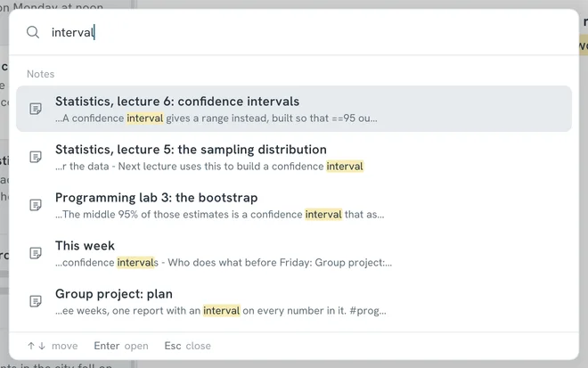 A search for the word interval, listing five notes with the sentence around each match and the word highlighted