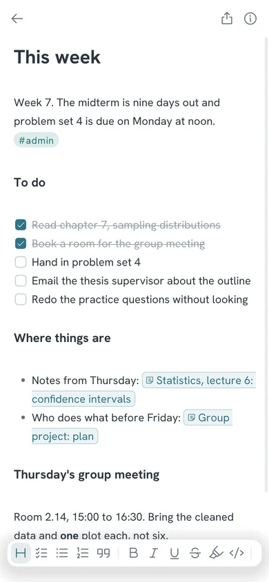 The This week note on a phone: two ticked todos, three open ones, and links to the lecture note and the group plan