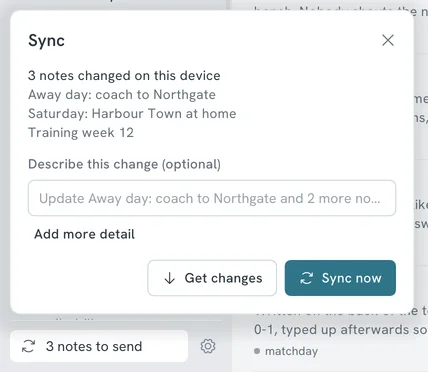 The sync panel listing three changed notes, with Get changes and Sync now buttons