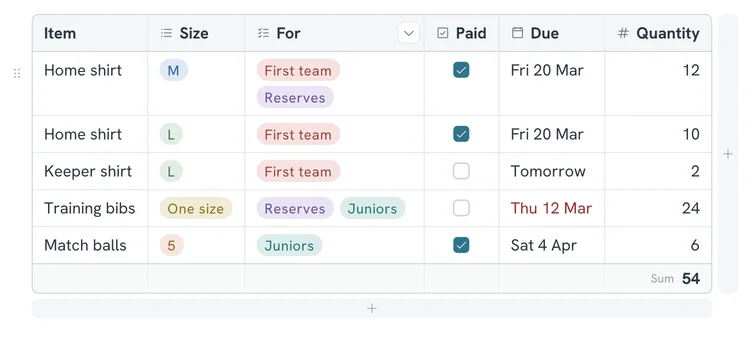 A kit order table. Sizes and teams show as coloured pills. One column has checkboxes, one has dates with an overdue date in red, and one has numbers with their sum underneath