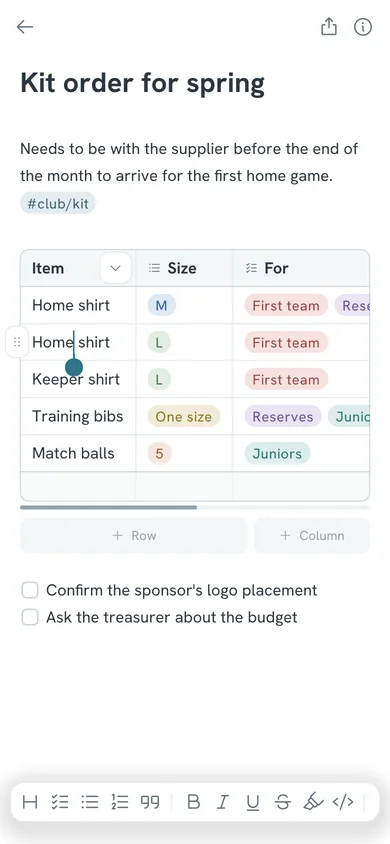 A table with dropdowns, checkboxes, dates and numbers