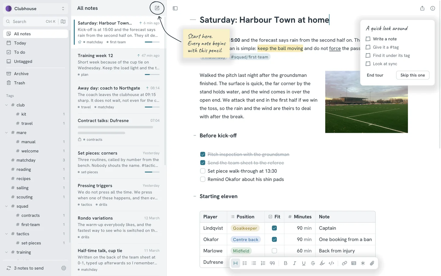 Mare on its first start: a handwritten sticky note with an arrow pointing at the new note button, and a checklist card titled A quick look around
