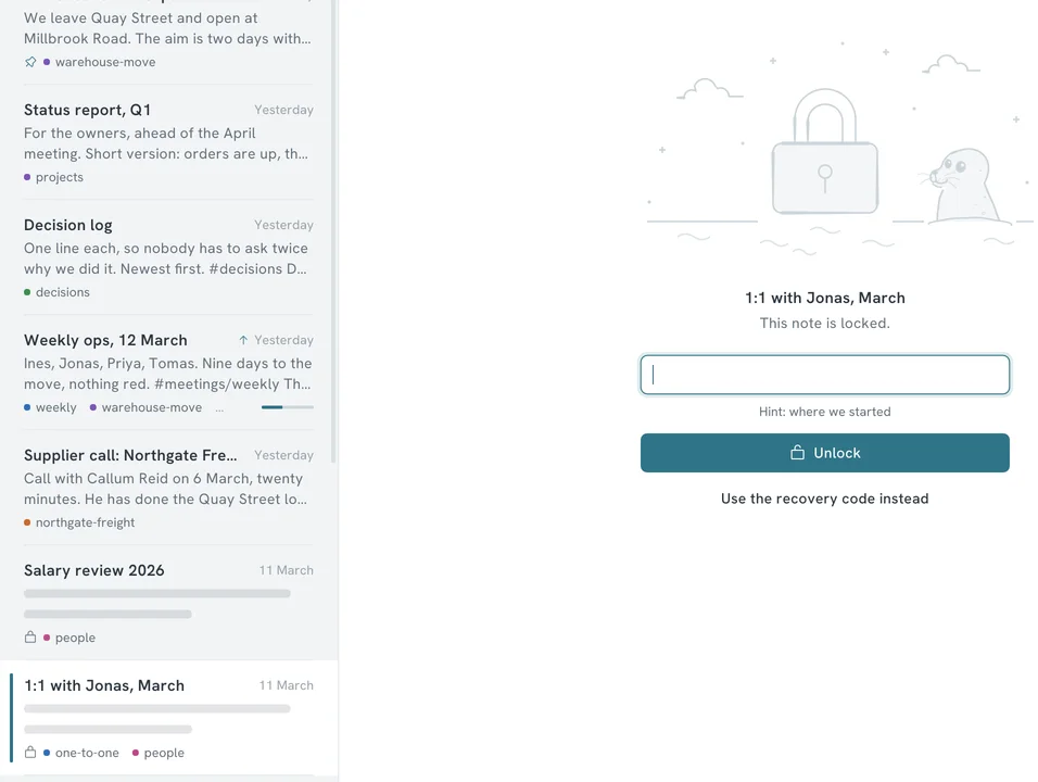 Two locked notes in the list, a salary review and a one-to-one, shown as grey bars with a small lock, and beside them a padlock drawing with a password field and an Unlock button