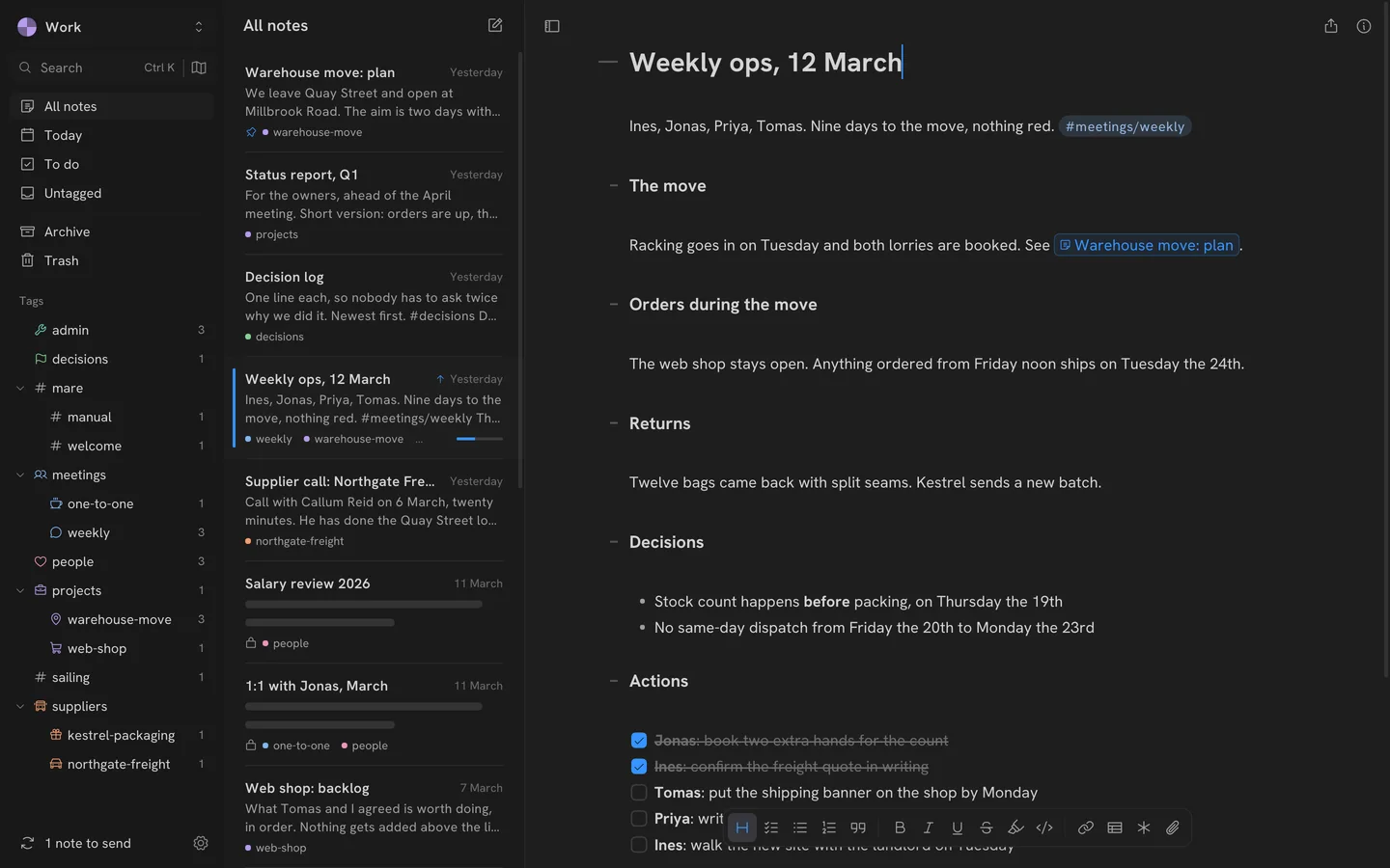 The same meeting note in a dark theme styled after VS Code