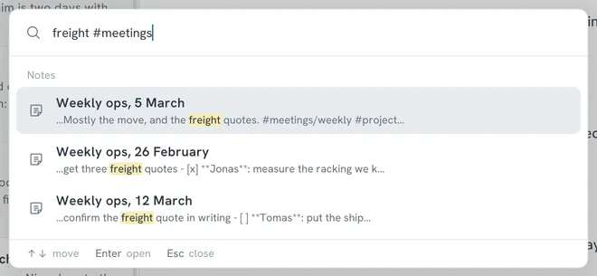 A search for freight #meetings, listing three weekly meeting notes with the sentence around each match