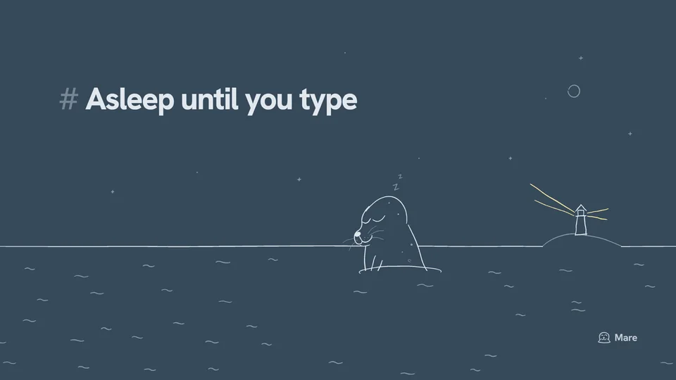 Wallpaper for a desktop: A lighthouse on a low headland with its beams lit, and Ballast the harbour seal asleep upright in the water. Dark version, with the text "# Asleep until you type".