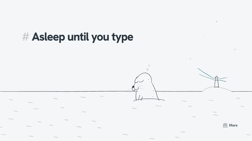 Wallpaper for a desktop: A lighthouse on a low headland with its beams lit, and Ballast the harbour seal asleep upright in the water. Light version, with the text "# Asleep until you type".