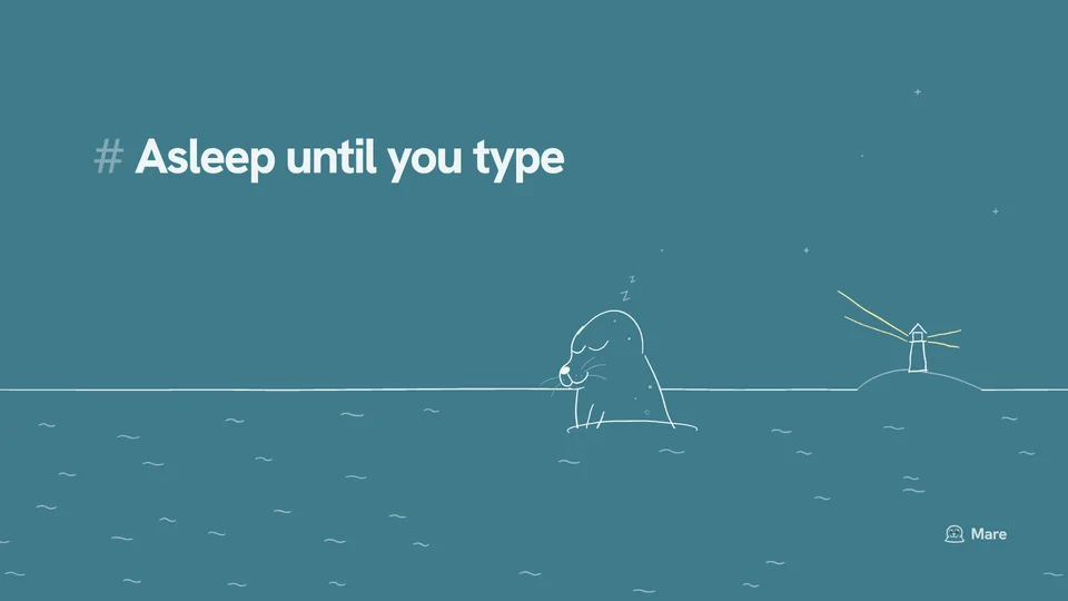 Wallpaper for a desktop: A lighthouse on a low headland with its beams lit, and Ballast the harbour seal asleep upright in the water. Teal version, with the text "# Asleep until you type".