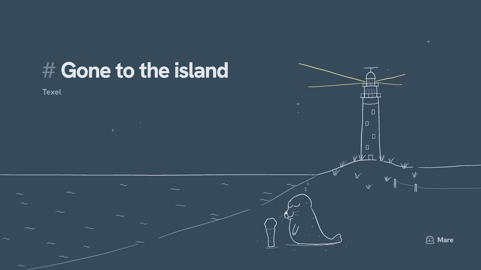 Wallpaper for a desktop: A tall red lighthouse on a dune with marram grass and a fence, big clouds over the sea, and Ballast the harbour seal on the beach below beside a tall glass of beer. Dark version, with the text "# Gone to the island".