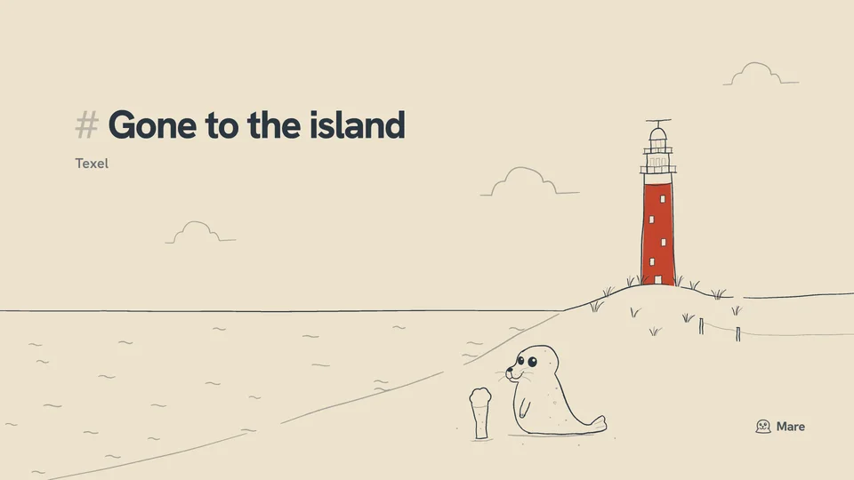 Wallpaper for a desktop: A tall red lighthouse on a dune with marram grass and a fence, big clouds over the sea, and Ballast the harbour seal on the beach below beside a tall glass of beer. Sand version, with the text "# Gone to the island".