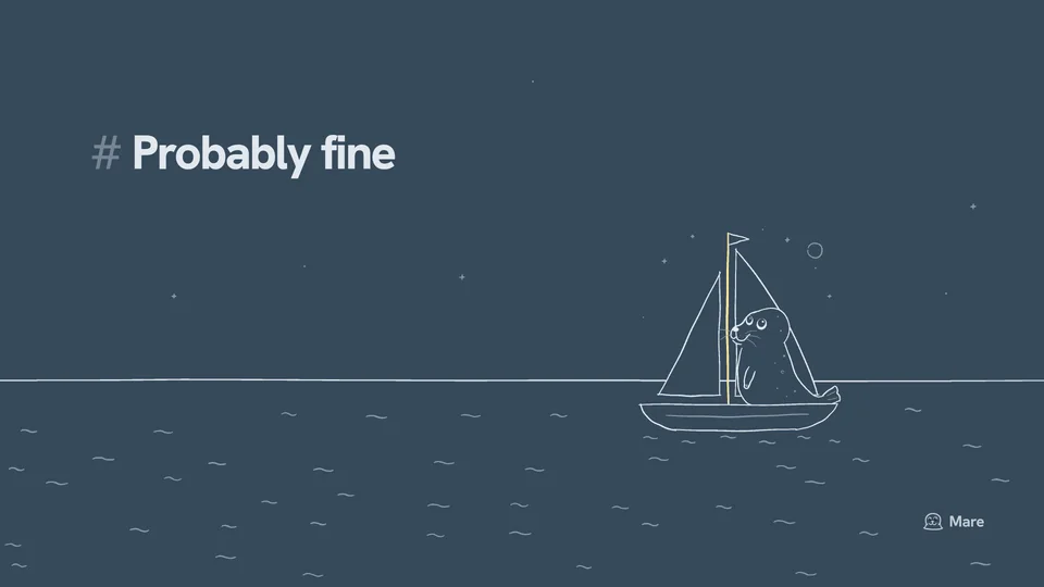 Wallpaper for a desktop: The sloop Probably Fine under sail, with Ballast the harbour seal lying on her foredeck. Dark version, with the text "# Probably fine".