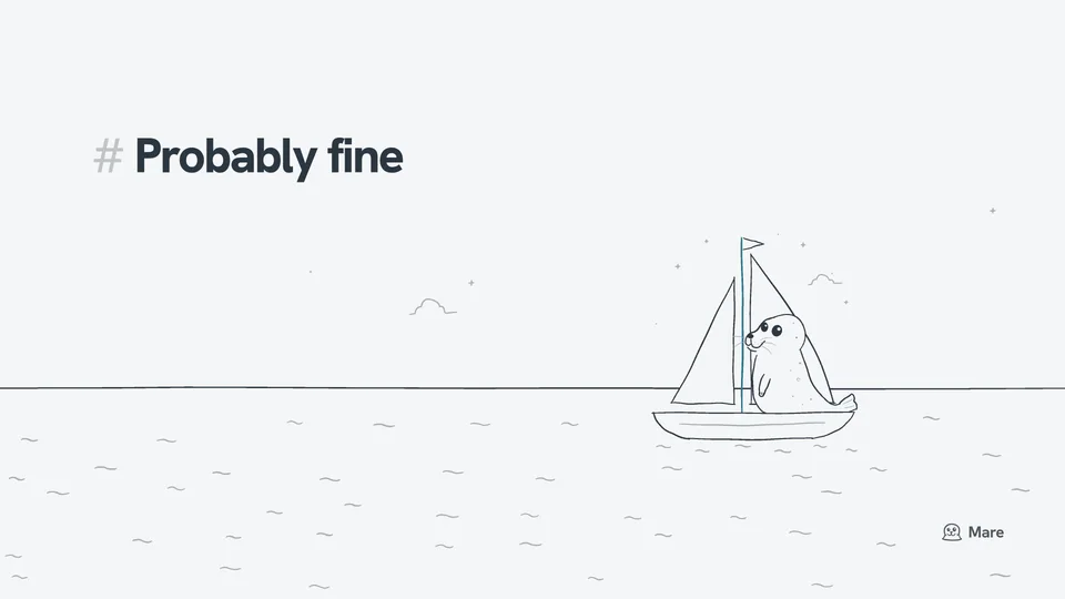 Wallpaper for a desktop: The sloop Probably Fine under sail, with Ballast the harbour seal lying on her foredeck. Light version, with the text "# Probably fine".