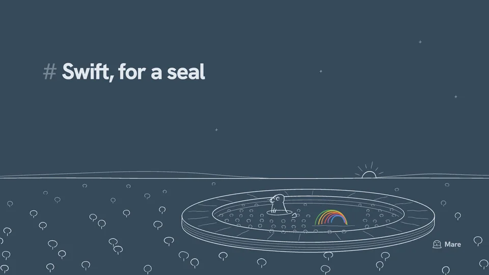 Wallpaper for a desktop: A great ring-shaped building among trees, seen from the air with hills behind and the sun low on the horizon; in its courtyard an orchard, a rainbow of six arches on the lawn, and Ballast the harbour seal very small in the pond. Dark version, with the text "# Swift, for a seal".