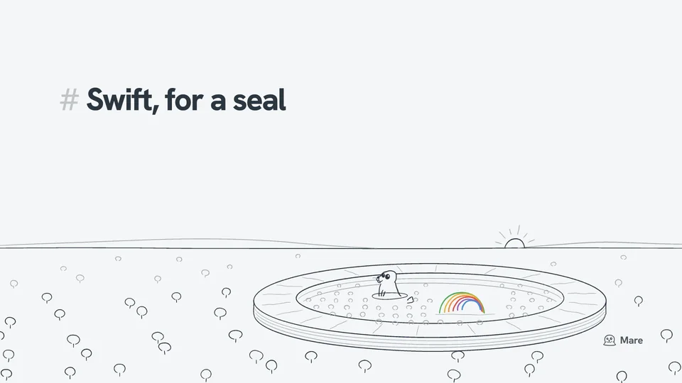 Wallpaper for a desktop: A great ring-shaped building among trees, seen from the air with hills behind and the sun low on the horizon; in its courtyard an orchard, a rainbow of six arches on the lawn, and Ballast the harbour seal very small in the pond. Light version, with the text "# Swift, for a seal".