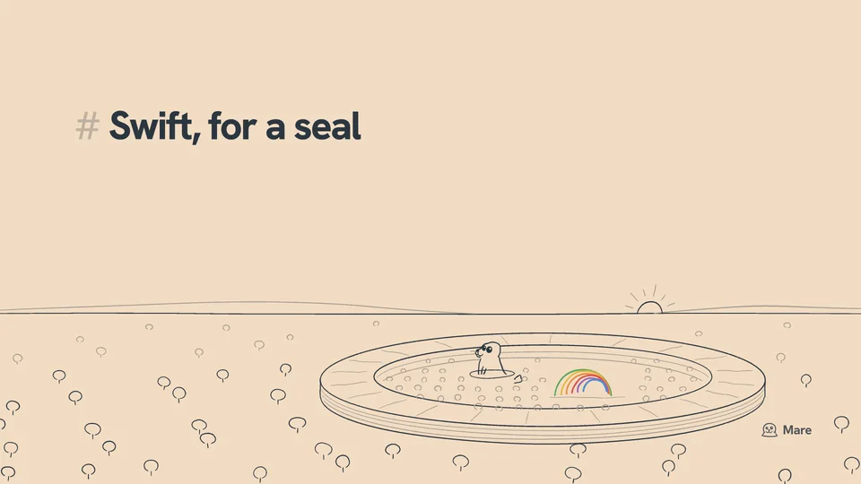Wallpaper for a desktop: A great ring-shaped building among trees, seen from the air with hills behind and the sun low on the horizon; in its courtyard an orchard, a rainbow of six arches on the lawn, and Ballast the harbour seal very small in the pond. Sunset version, with the text "# Swift, for a seal".