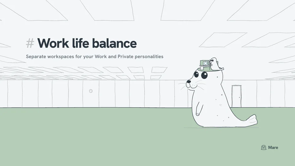 Wallpaper for a desktop: Ballast the harbour seal lying on the green carpet of a large empty office, the top of his head taken off level, and on it a cluster of desks between partitions where a very small seal sits at an old boxy computer, under a ceiling of light panels. Light version, with the text "# Work life balance".