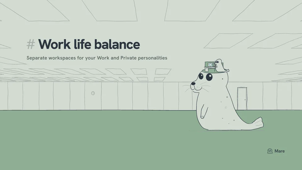 Wallpaper for a desktop: Ballast the harbour seal lying on the green carpet of a large empty office, the top of his head taken off level, and on it a cluster of desks between partitions where a very small seal sits at an old boxy computer, under a ceiling of light panels. Grey-green version, with the text "# Work life balance".