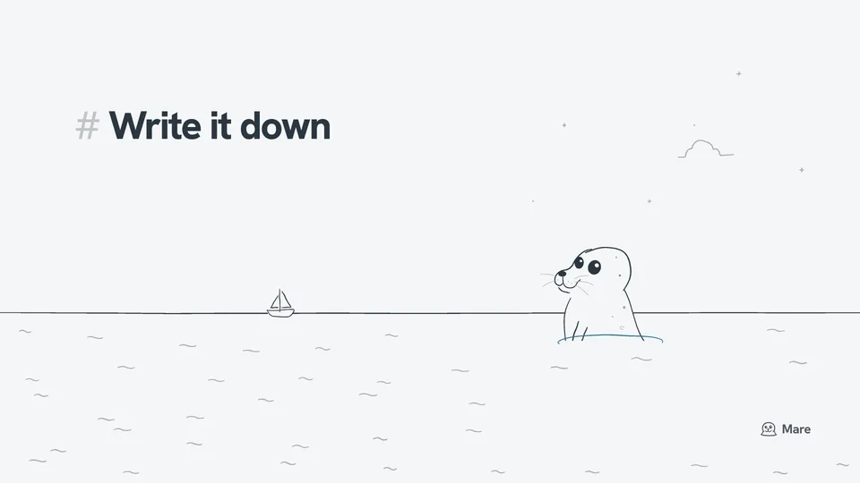 Wallpaper for a desktop: Ballast the harbour seal up to the shoulders in the water, inside a ring of ripple, looking up, with a small sloop far off on the horizon. Light version, with the text "# Write it down".